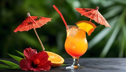 Wall Mural - Tropical summer cocktail with orange and a vibrant red umbrella garnish