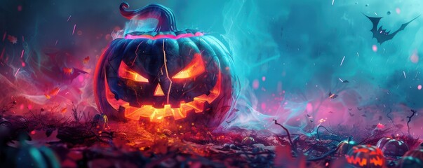 Bright neon Halloween-themed artwork with geometric shapes and glowing pumpkin faces. Free copy space for banner.