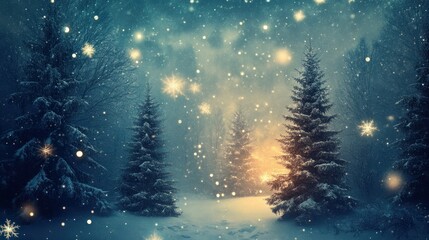snow-covered pine trees in a winter forest with falling snow and sparkling lights