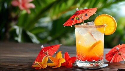 Wall Mural - Tropical summer cocktail with orange and a vibrant red umbrella garnish