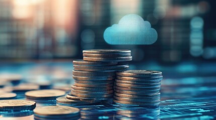 A stack of coins with a cloud icon on top, representing the concept of cloud computing and finance.