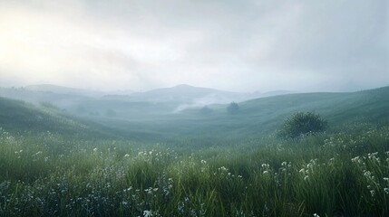 Wall Mural - Misty morning in a green valley with rolling hills and lush vegetation.