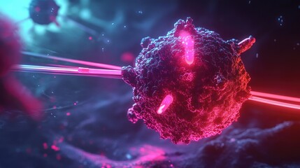 Wall Mural - A 3D rendering of a virus particle in a digital art style with a glowing pink and blue light emanating from it.