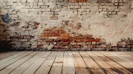 Canvas Print - Old weathered brick wall with wooden floor.