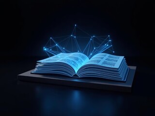 Wall Mural - Polygonal blue hologram of open book on dark background.