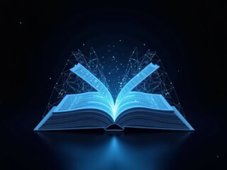 Poster - Polygonal blue hologram of open book on dark background.