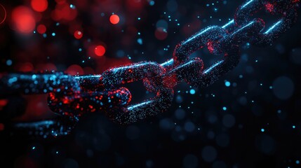 Wall Mural - A close-up of a metallic chain with glowing particles, set against a dark background with red and blue bokeh.