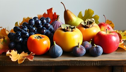 Wall Mural - Vibrant autumn fruits displayed on a rustic wooden table with a plain white background highlighting the rich colors and textures of apples, pears, grapes, persimmons, and figs