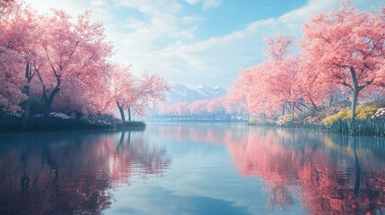 Create a scenic background featuring a tranquil lake reflecting the vibrant hues of a cherry blossom grove in full bloom. --ar 16:9 --v 6.1 Job ID: 4f6dc340-0367-48b9-bee5-09a4c4670504