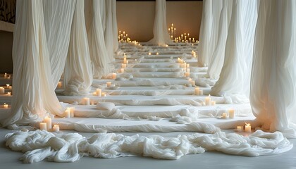 Ethereal ambiance of layered white silk and gauze curtains, illuminated by candles, creating a serene floating illusion with delicate fabric stairs in an open space.