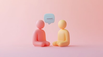 Two 3D figures sitting and talking with a speech bubble above them.