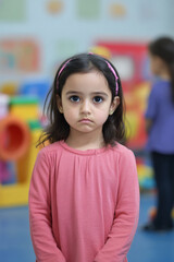 a 3-year-old arabian girl standing apart in a vibrant kindergarten, looking confused and uncertain, 