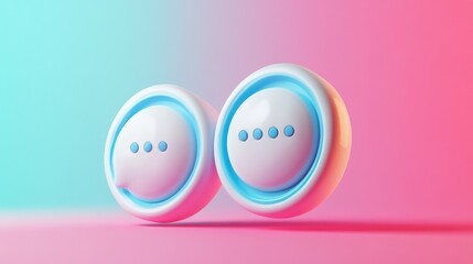 Wall Mural - Two 3D chat bubbles with ellipsis on a pink and blue gradient background.