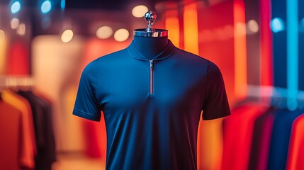 Wall Mural - A blue polo shirt with a red zipper on a mannequin in a clothing store.