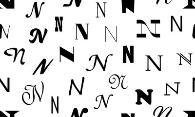 Fototapete - Vector seamless alphabet pattern with black bold latin letters. White repeatable unusual background. Fashion trendy design. Seamless black alphabet pattern on white. Letter n