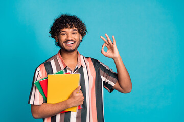 Wall Mural - Photo of attractive funny guy wear striped shirt enjoy education showing okey emtpy space isolated blue color background