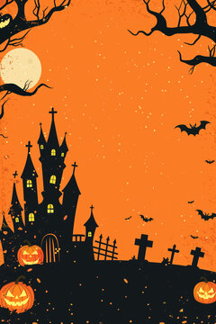 Halloween spooky background, orange night with silhouettes of a castle, pumpkins, a graveyard, and a huge moon. High quality photo
