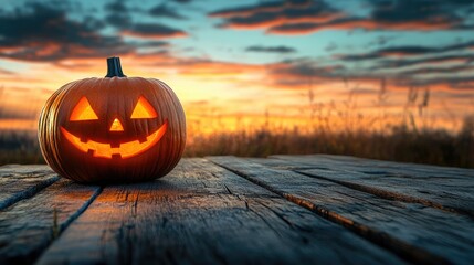 Sticker - Halloween decoration with carved pumpkin on rustic wooden table against a sunset sky