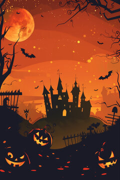 Halloween spooky background, orange night with silhouettes of a castle, pumpkins, a graveyard, and a huge moon. High quality photo