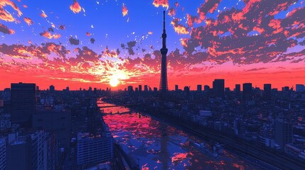 Poster - Isometric 3D Cityscape at Sunset with Colorful Clouds