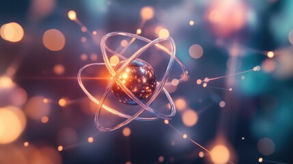 Wall Mural - Abstract 3D illustration of an atom with glowing orbits.