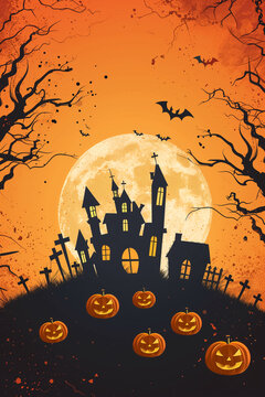 Halloween spooky background, orange night with silhouettes of a castle, pumpkins, a graveyard, and a huge moon. High quality photo