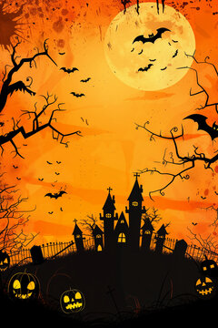 Halloween spooky background, orange night with silhouettes of a castle, pumpkins, a graveyard, and a huge moon. High quality photo