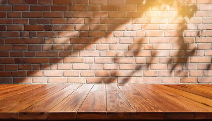 Wall Mural - Brick room and wooden floor, sunlight, shadows, rustic modern look, clean mock up 
