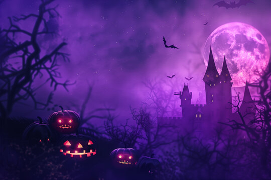 Spooky purple Halloween background, witch castle, graveyard, moon, jack-o-lantern, and pumpkins with a copy space. High quality photo