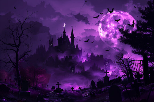 Spooky purple Halloween background, witch castle, graveyard, moon, jack-o-lantern, and pumpkins with a copy space. High quality photo