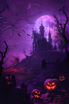 Spooky purple Halloween background, witch castle, graveyard, moon, jack-o-lantern, and pumpkins with a copy space. High quality photo