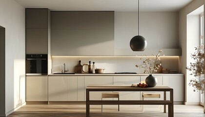 Minimalist East European kitchen design featuring upper cabinets and furniture illuminated by natural light