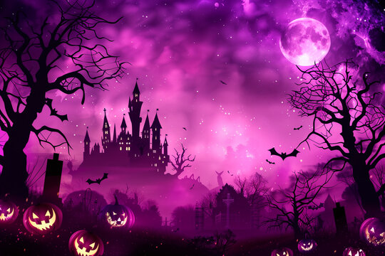 Spooky purple Halloween background, witch castle, graveyard, moon, jack-o-lantern, and pumpkins with a copy space. High quality photo
