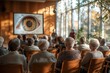 © Road Red Runner - A group of seniors attending a presentation on eye health in a bright, sunlit community center during autumn
