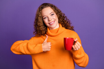 Wall Mural - Photo of nice young girl hold mug thumb up wear pullover isolated on violet color background