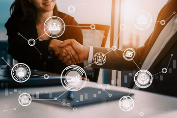 Finance and Money Transaction Technology Concept. Icon Graphic interface showing fintech trade exchange, profit statistics analysis and market analyst service in modern computer application.