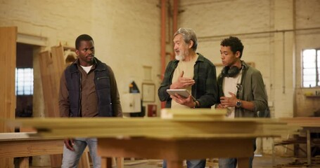 Poster - Woodwork, people and carpenter with tablet in factory manufacturing or engineering project. Men planning, teamwork or industrial workers walking in warehouse talking for building timber production
