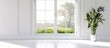 © Syed - White room, Scandinavian style, window with summer landscape, home design, copy space for text, 3D rendering.