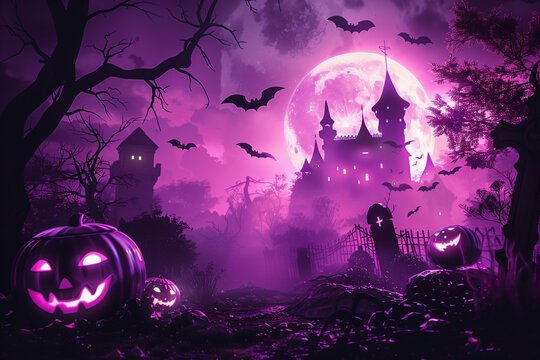 Spooky purple Halloween background, witch castle, graveyard, moon, jack-o-lantern, and pumpkins with a copy space. High quality photo