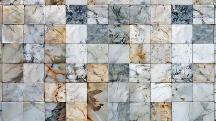 Wall Mural - A wall of white and grey marble tiles with intricate veining.