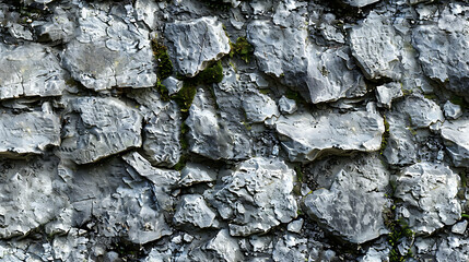 Wall Mural - Rough, weathered gray stone wall texture with green moss.