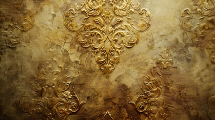 Ornate gold leaf wallpaper on a textured, aged background.