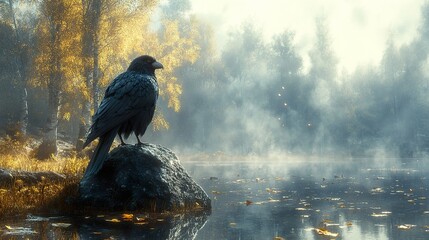 Poster - Raven on a Misty Lake in Autumn