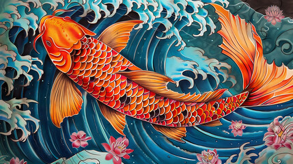 Wall Mural - Colorful illustration of a koi fish swimming through a wave.