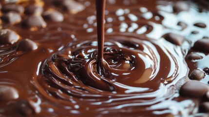 Wall Mural - Close-up of melted chocolate being tempered on a marble surface, chocolatier working in the background generative ai