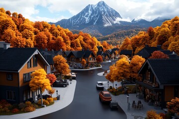 Poster - 3D digital autumn mountain village, where users can explore the streets, shops, and surroundings of a cozy village nestled in the autumn mountains