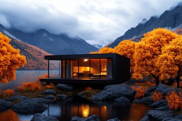 Poster - 3D digital autumn cabin, where users can walk through the virtual space, surrounded by autumn trees and mountains, experiencing a peaceful mountain retreat