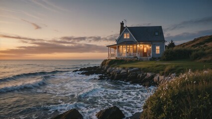 Scenic ocean view house at sunset, peaceful mood, waves crashing, grassy shore