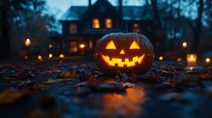 Halloween pumpkin near haunted house at evening