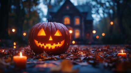 close up of pumpkin near haunted house 